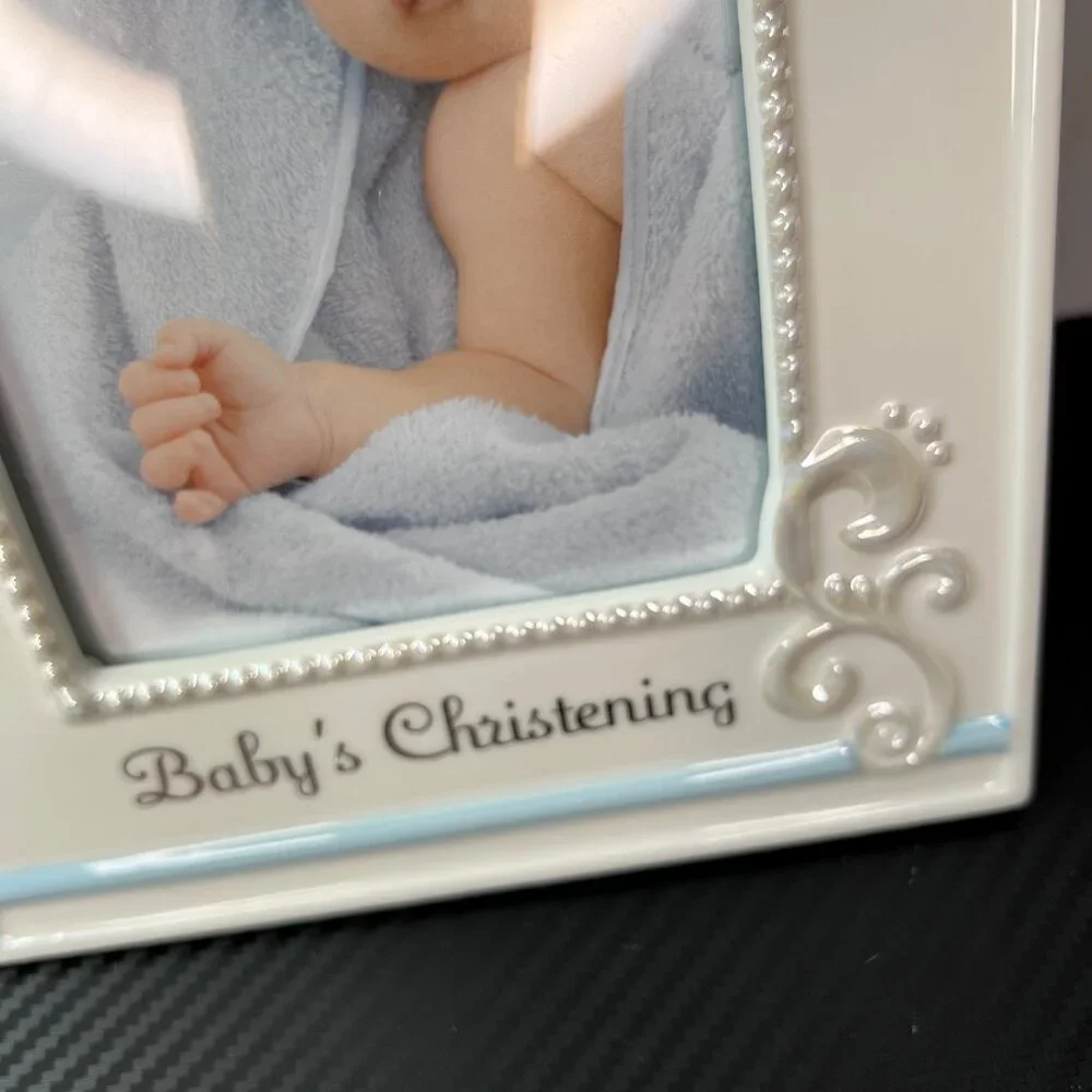 Demarco Nat & Jules Baby Boy Christening Picture Frame Ceramic With Cross Blue